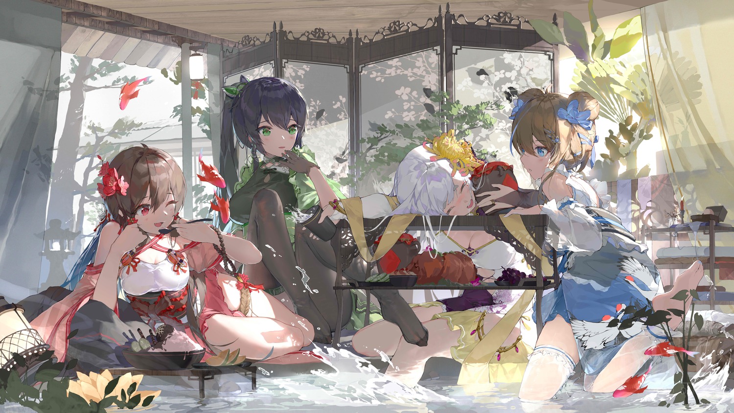 asian_clothes, bodhi_wushushenghua, garter, jpeg_artifacts, no_bra, pantyhose, see_through, thighhighs