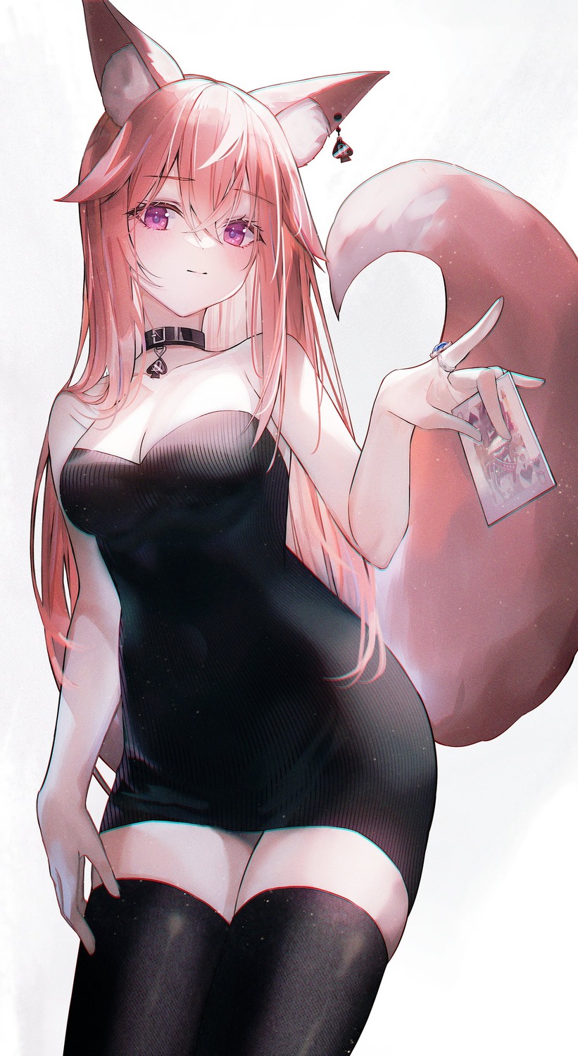 animal_ears, cleavage, dress, kitsune, merryj, no_bra, tail, thighhighs