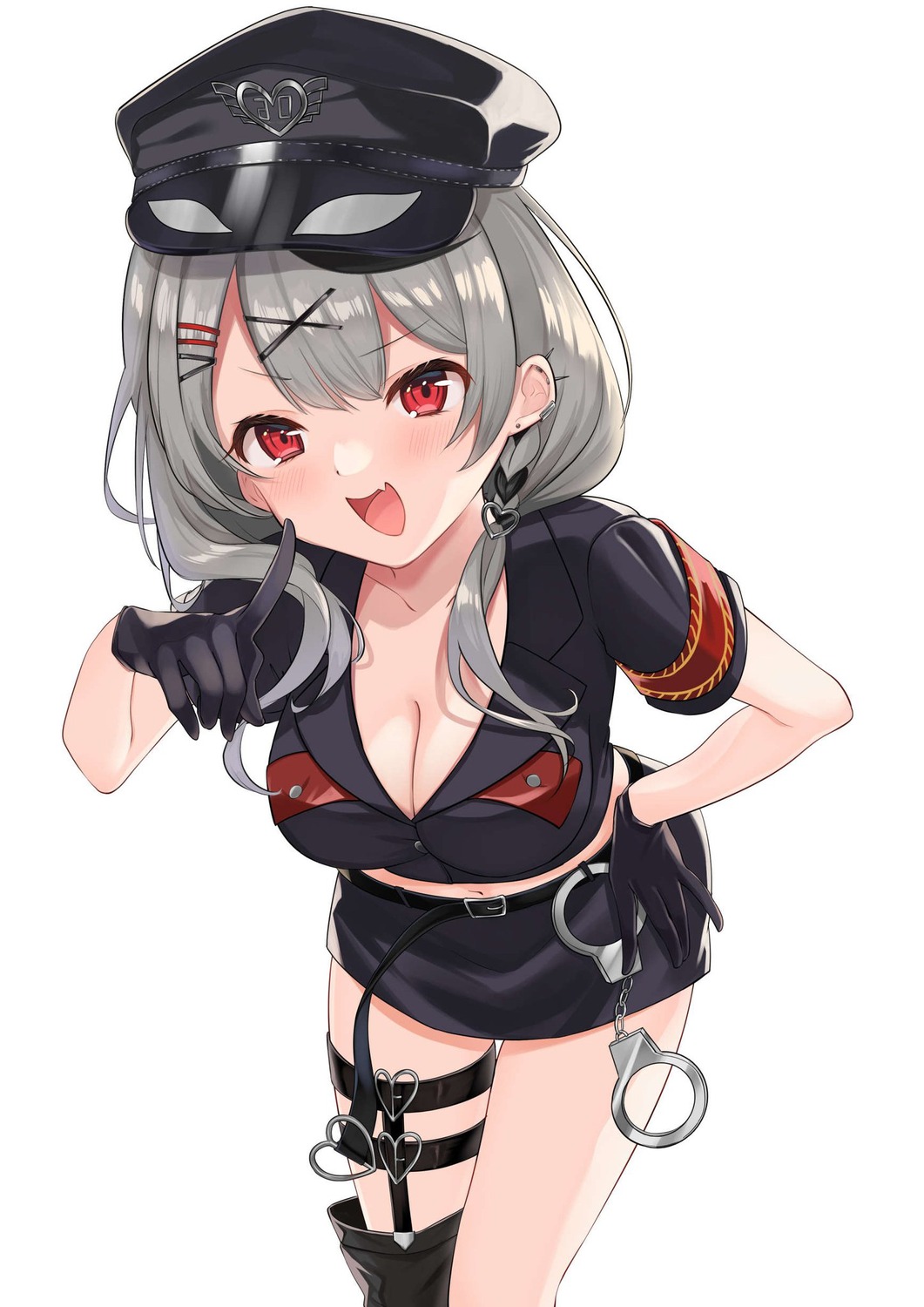 amaimomo, cleavage, garter, hololive, open_shirt, police_uniform, sakamata_chloe, stockings
