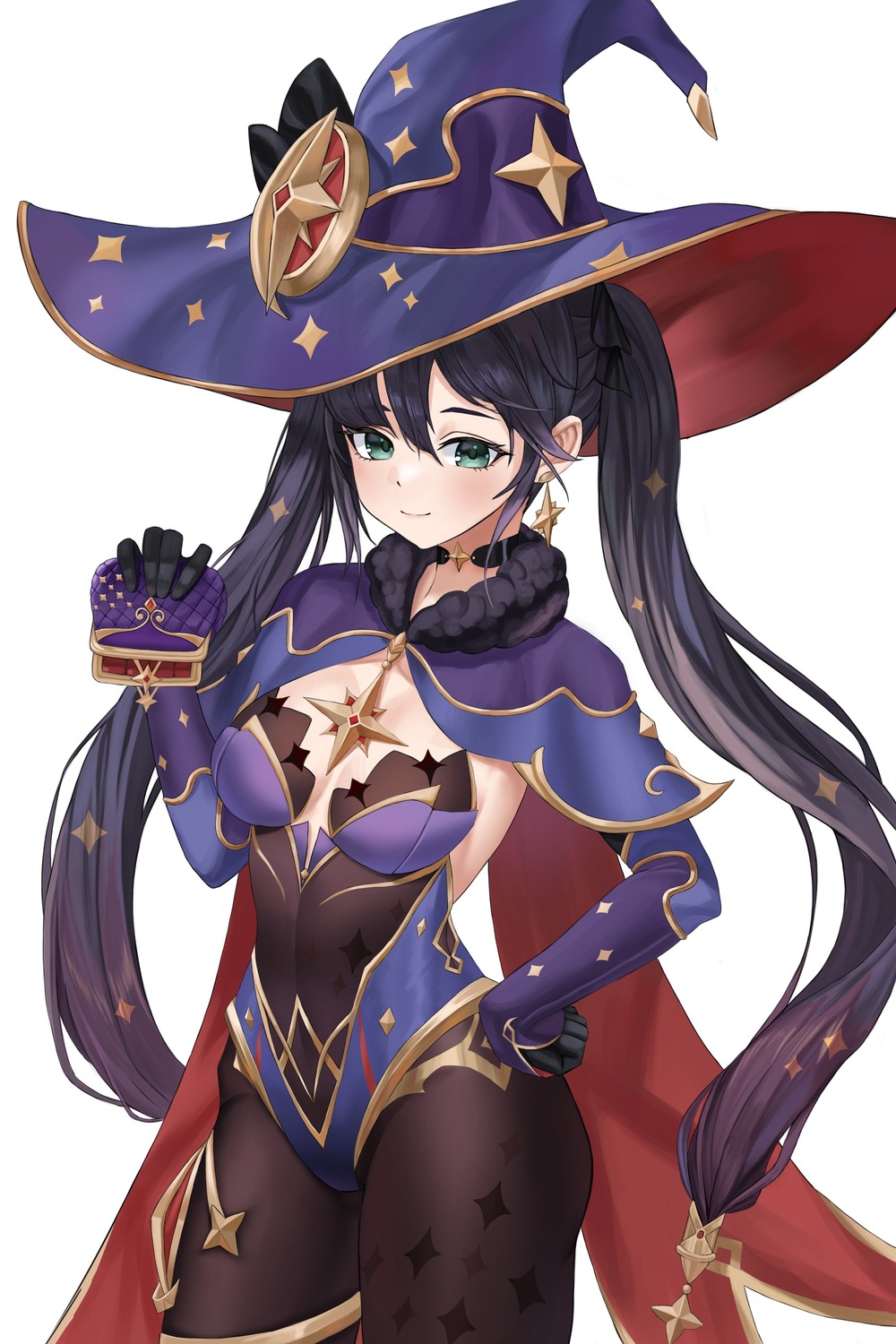 cleavage, garter, genshin_impact, leotard, mona_megistus, no_bra, nyanbutter, pantyhose