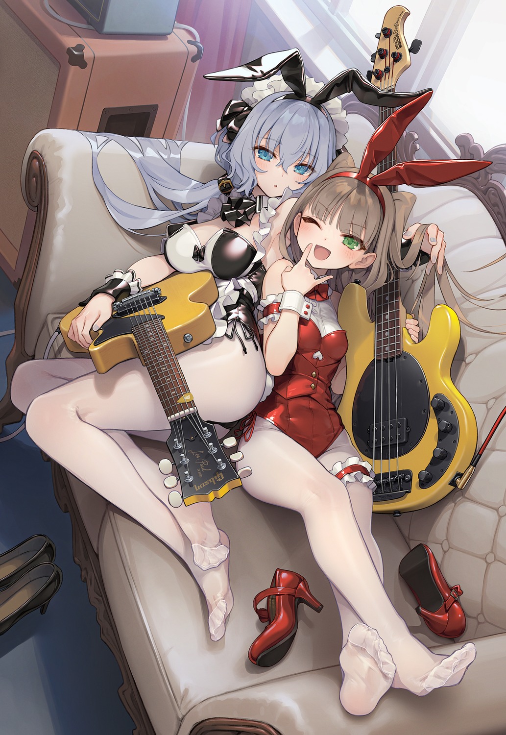 animal_ears, bunny_ears, bunny_girl, feet, garter, guitar, kurobuta_gekkan, maid