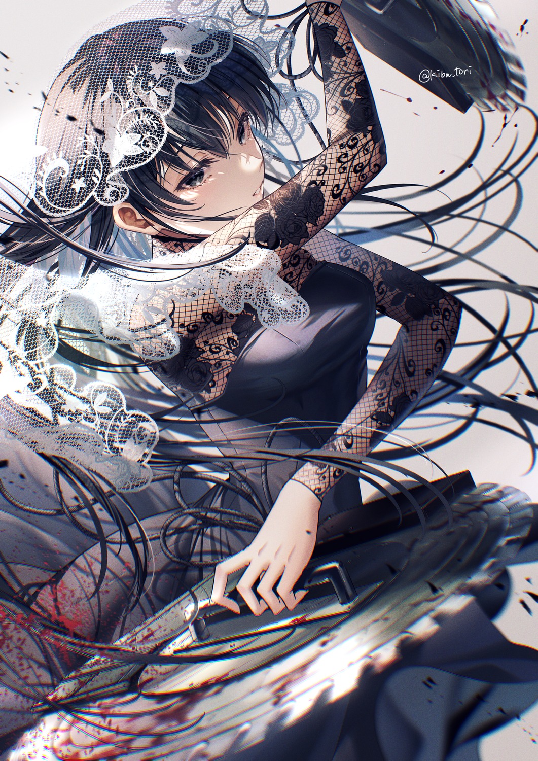 blood, dress, fishnets, kiba_tori, osaragi_(sakamoto_days), sakamoto_days, see_through, weapon