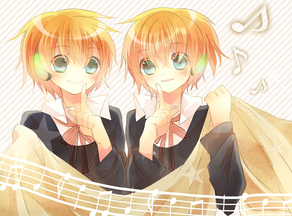 headphones, kagamine_len, kagamine_rin, vocaloid, yamiya