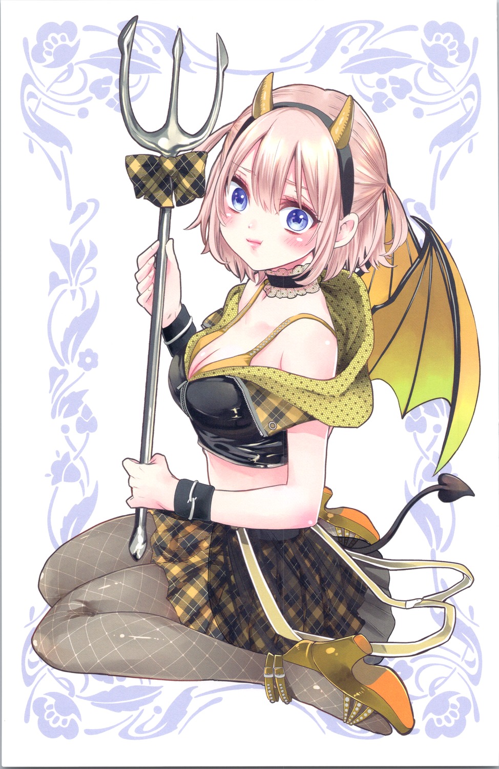 bra, cleavage, devil, fishnets, heels, horns, kakkou_no_iinazuke, open_shirt