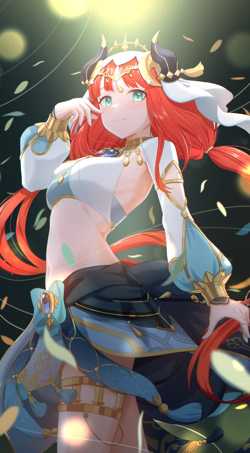 akazaki_yukino, garter, genshin_impact, horns, nilou, no_bra