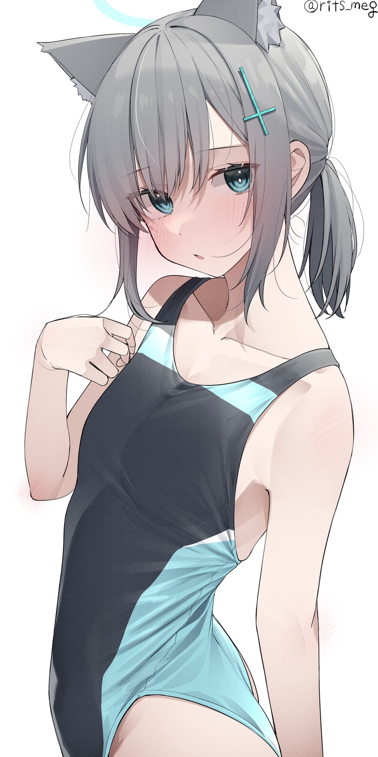 animal_ears, blue_archive, halo, kawai_ritsu_(rits_meg), nekomimi, sunaookami_shiroko, swimsuits
