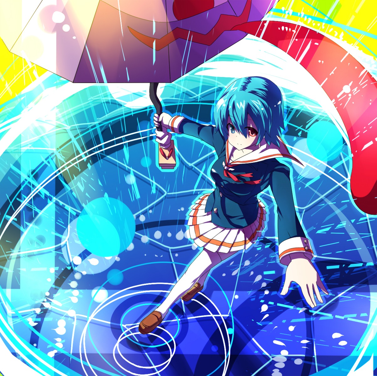 blue_vert, heterochromia, seifuku, tatara_kogasa, thighhighs, touhou