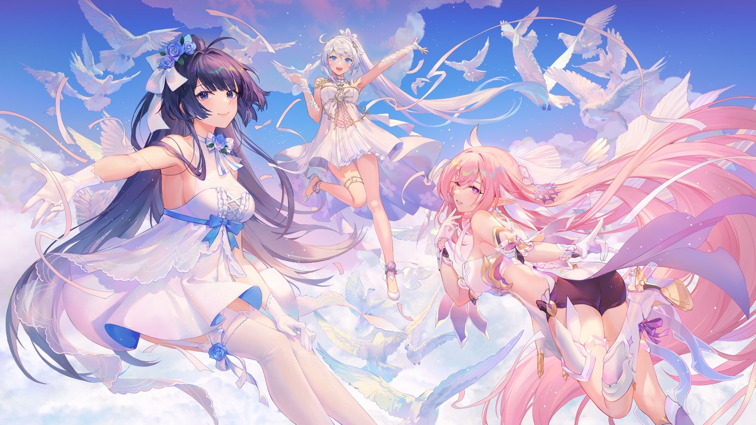 ass, benghuai_xueyuan, criin, dress, elysia_(honkai_impact), garter, heels, honkai_impact, kiana_kaslana, no_bra, pointy_ears, raiden_mei, see_through, stockings, thighhighs, wings