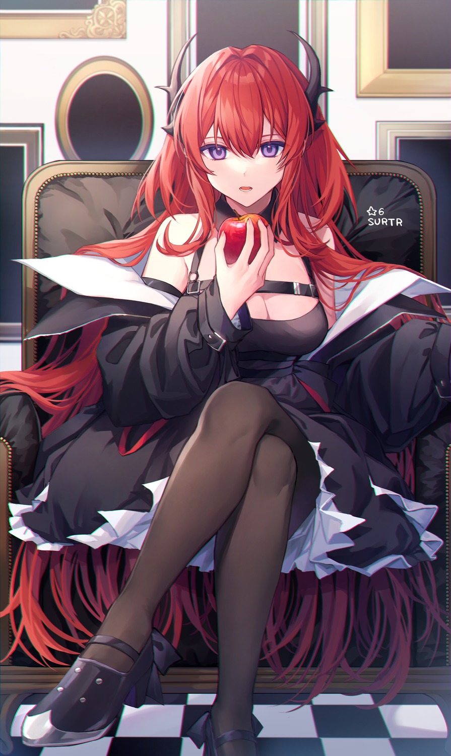 .com_(cu_105), arknights, heels, horns, no_bra, pantyhose, surtr_(arknights)