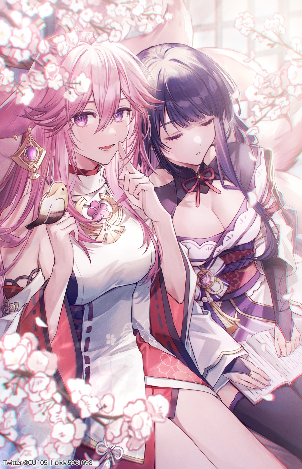 .com_(cu_105), animal_ears, cleavage, genshin_impact, japanese_clothes, kitsune, no_bra, raiden_shogun