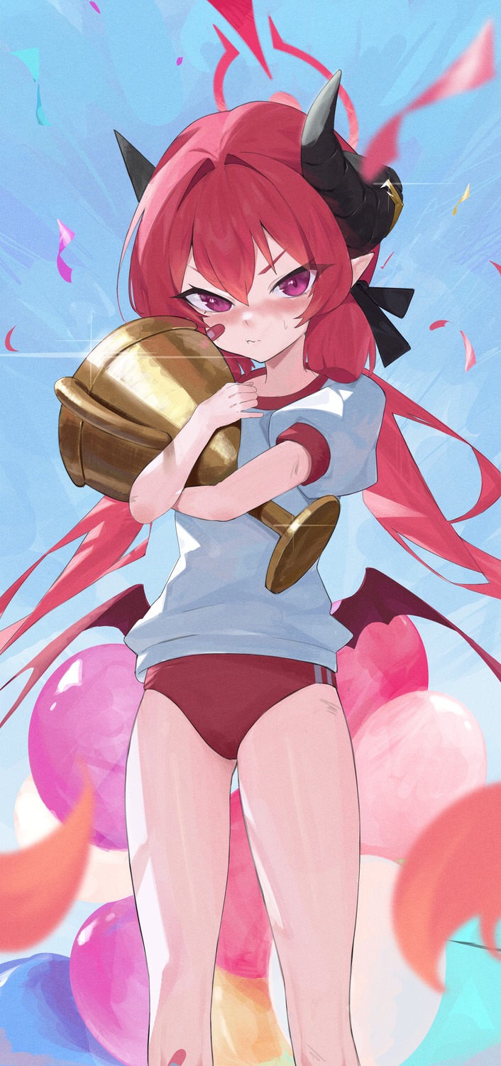 akashi_junko, bandaid, blue_archive, buruma, devil, gym_uniform, halo, horns