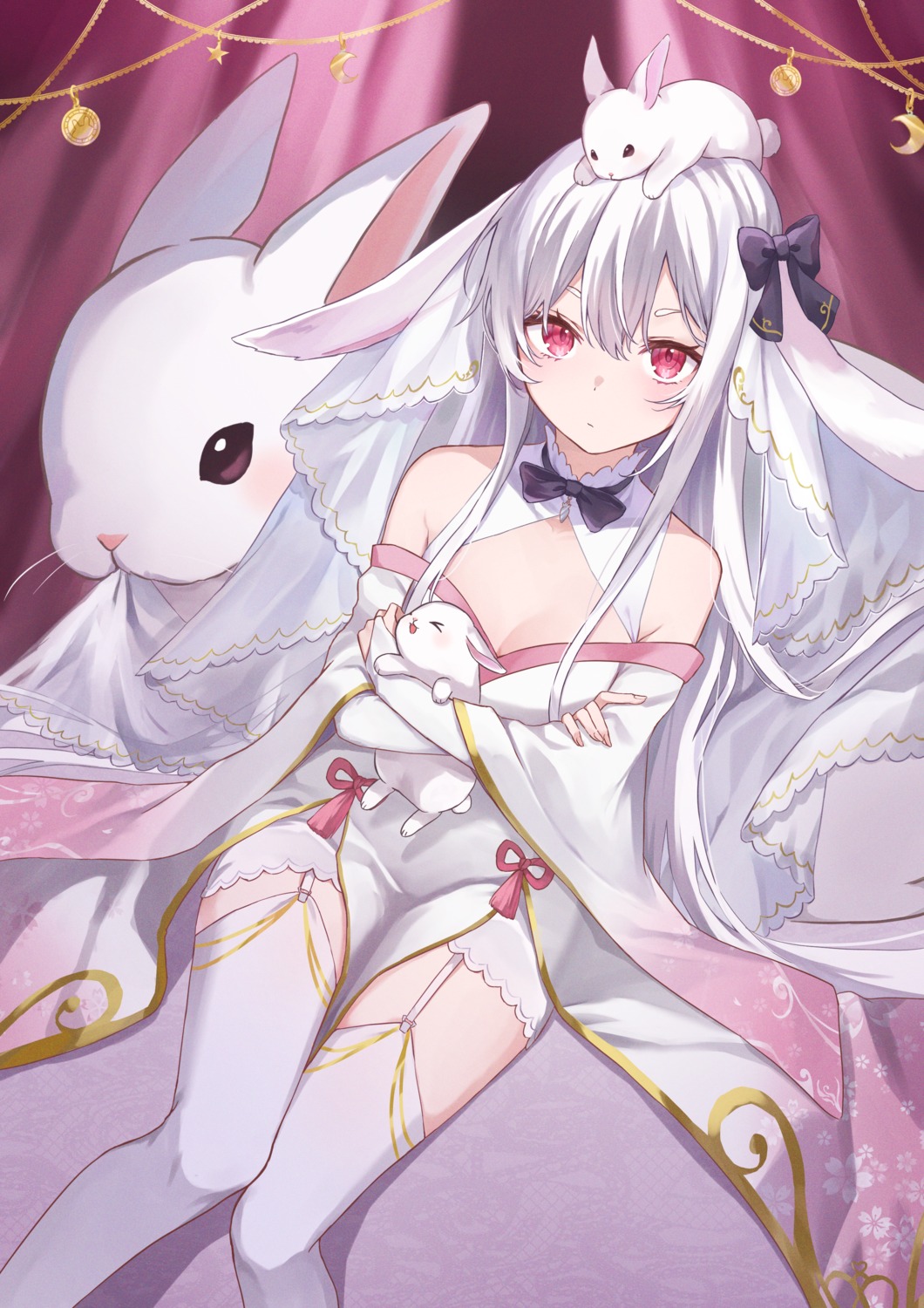 animal_ears, ayatsuki_hina, bunny_ears, dress, no_bra, stockings, thighhighs