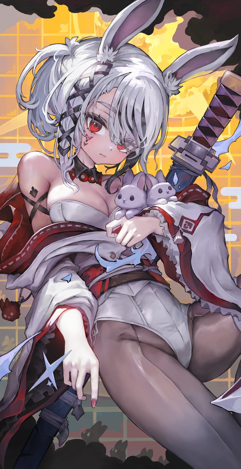 animal_ears, bunny_ears, bunny_girl, garter, japanese_clothes, pantyhose, sword, tattoo