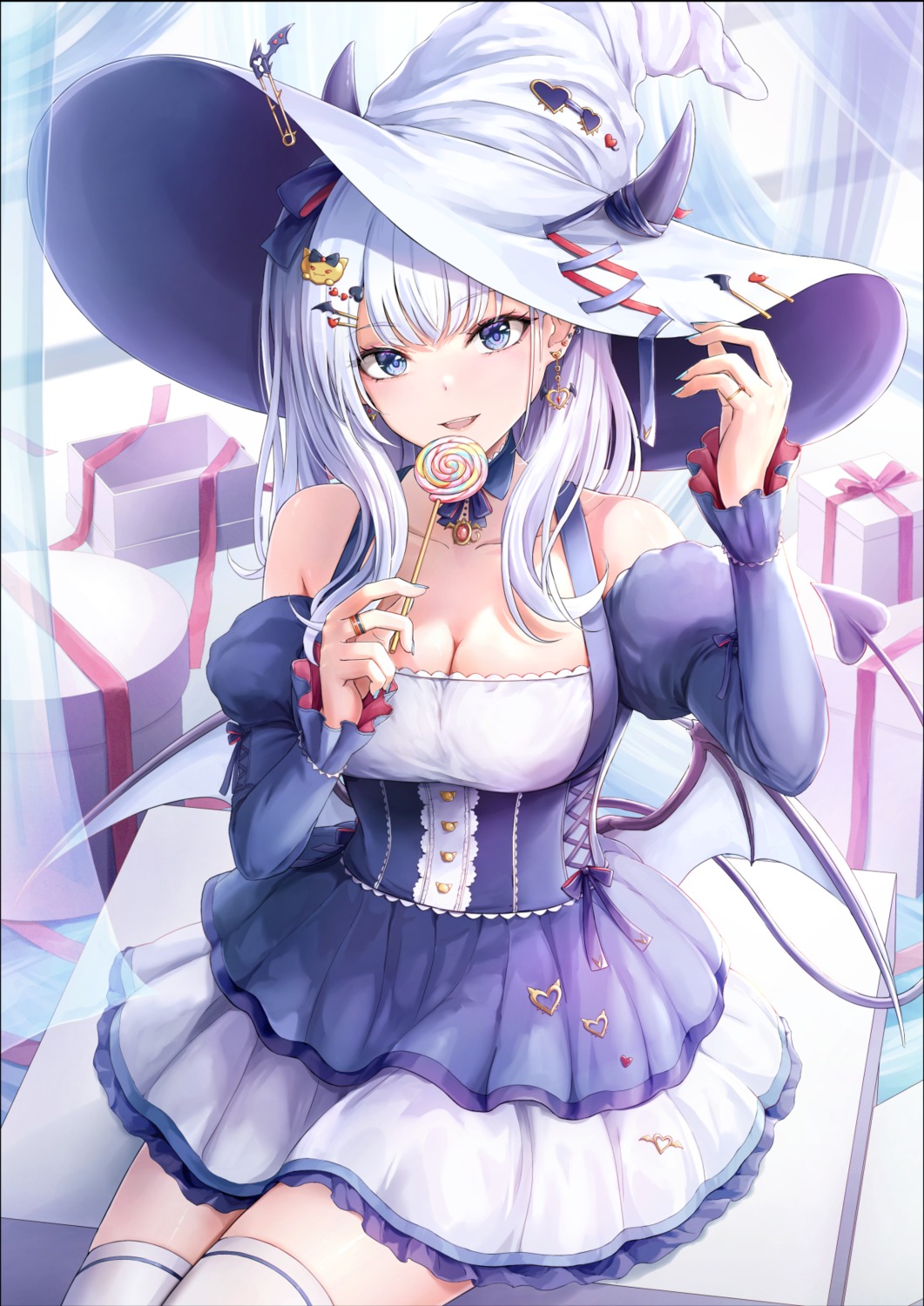 cleavage, devil, dress, horns, no_bra, tail, thighhighs, tokeshi