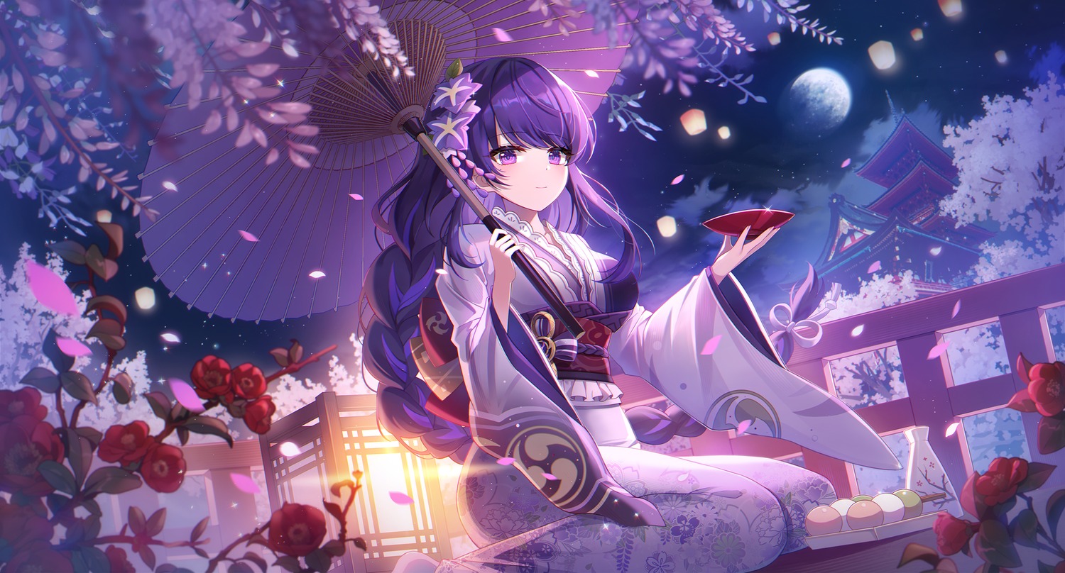 genshin_impact, hayun, kimono, raiden_shogun, sake, umbrella