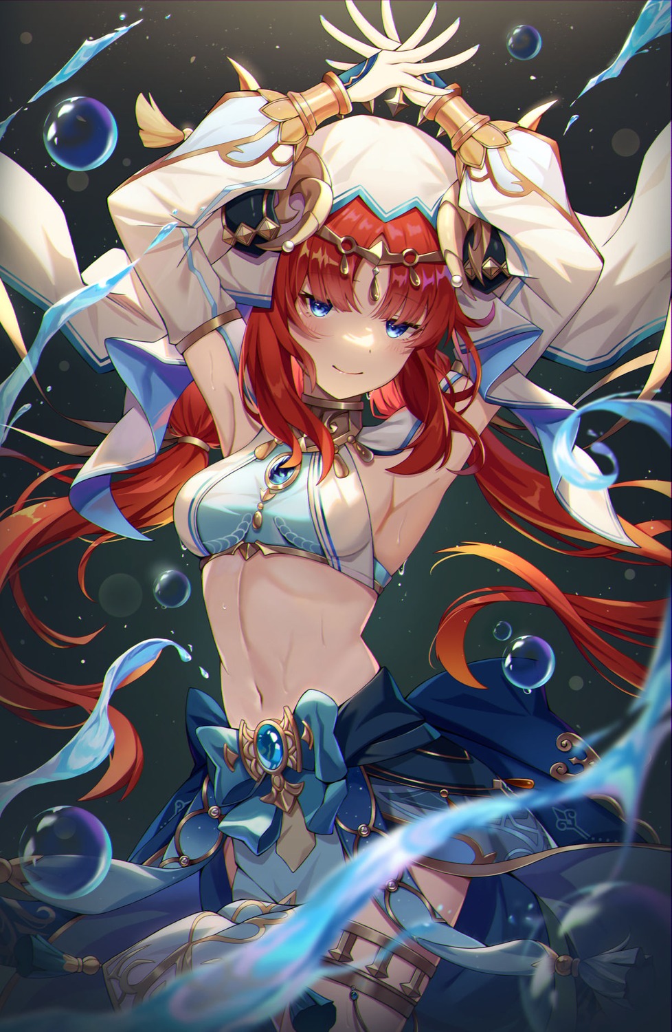 calder_(pixiv3698273), garter, genshin_impact, horns, nilou, no_bra
