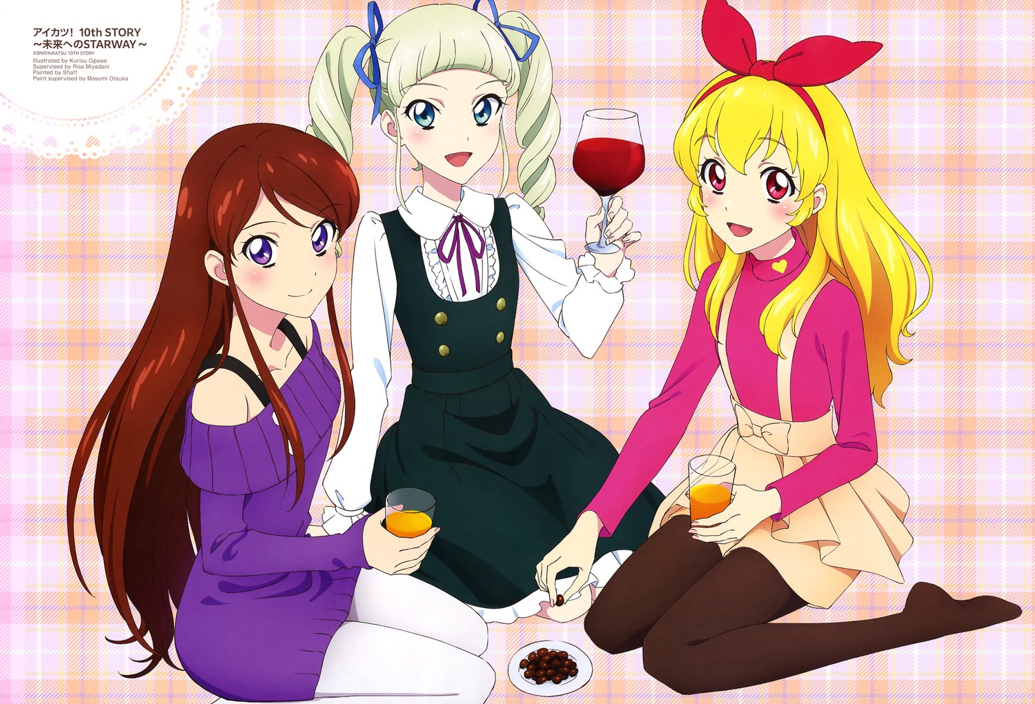aikatsu!, dress, hoshimiya_ichigo, lolita_fashion, ogawa_chris, pantyhose, shibuki_ran, sweater, toudou_yurika