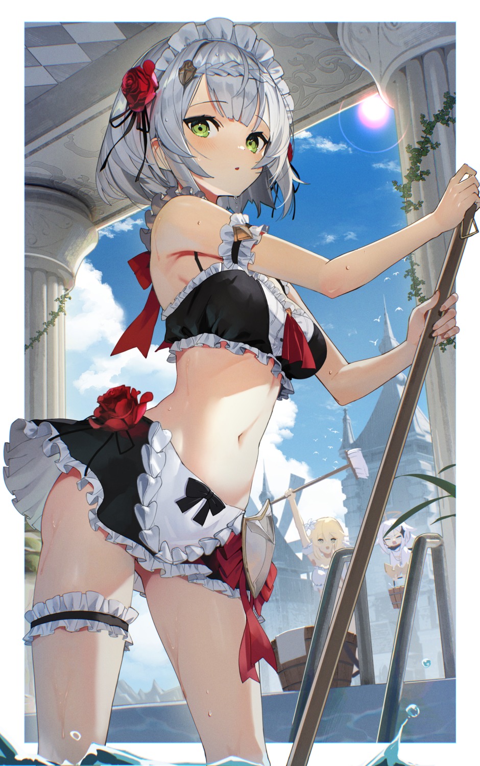 garter, genshin_impact, lumine, maid, noelle_(genshin_impact), paimon, scottie, wet