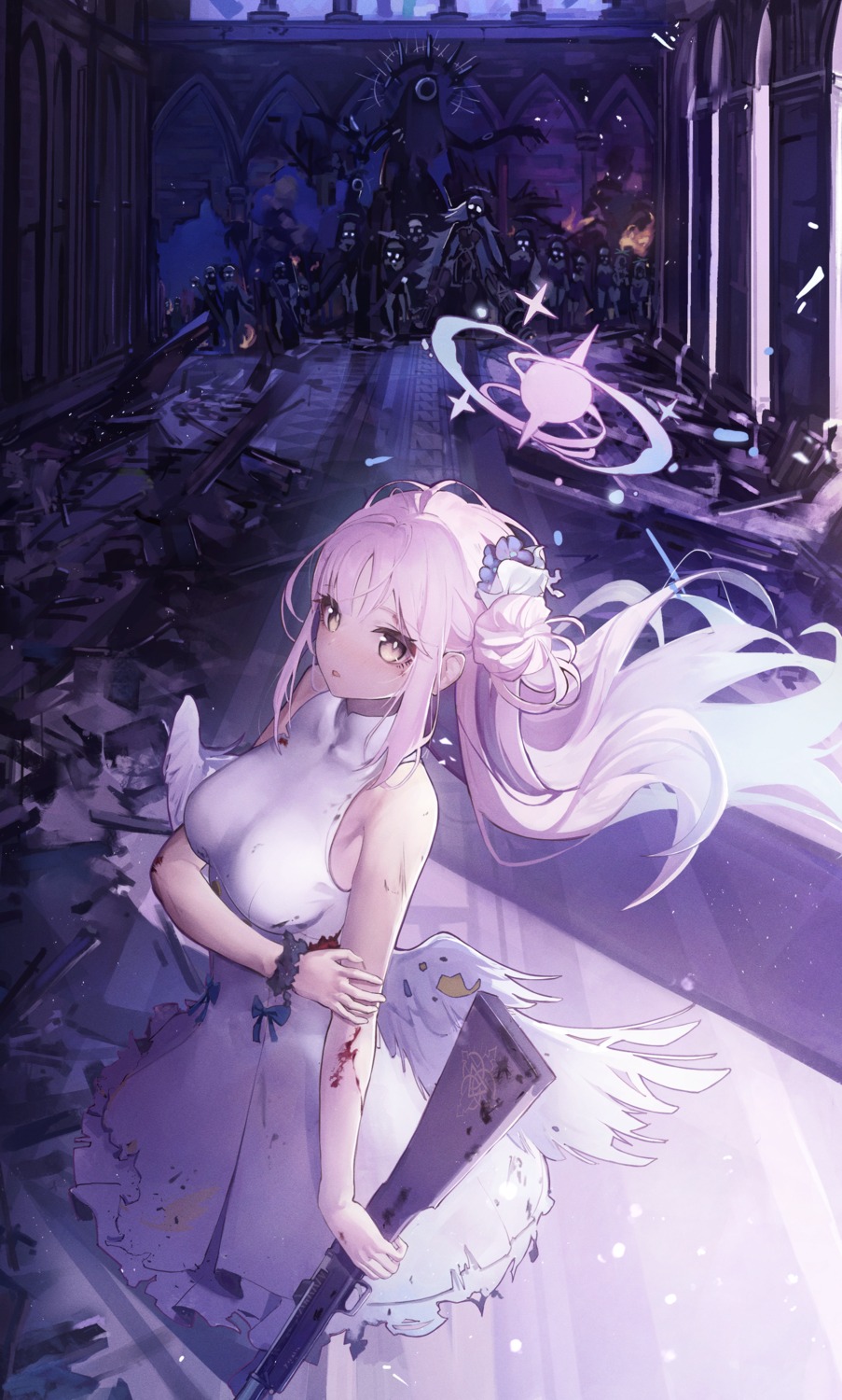 angel, blood, blue_archive, dress, gun, megu_(pixiv9460065), misono_mika, torn_clothes