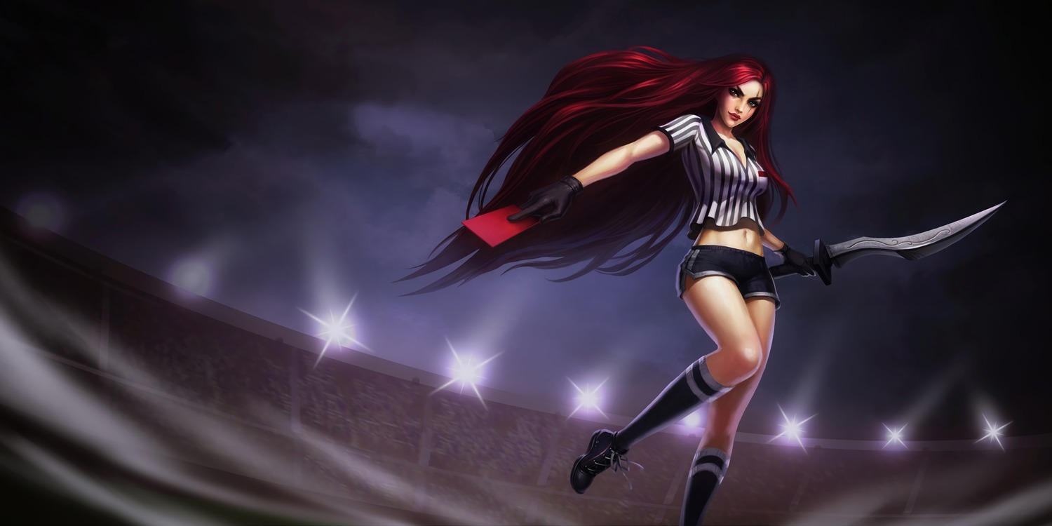 cleavage, katarina_du_couteau, league_of_legends, open_shirt, soccer, sword, tagme, uniform