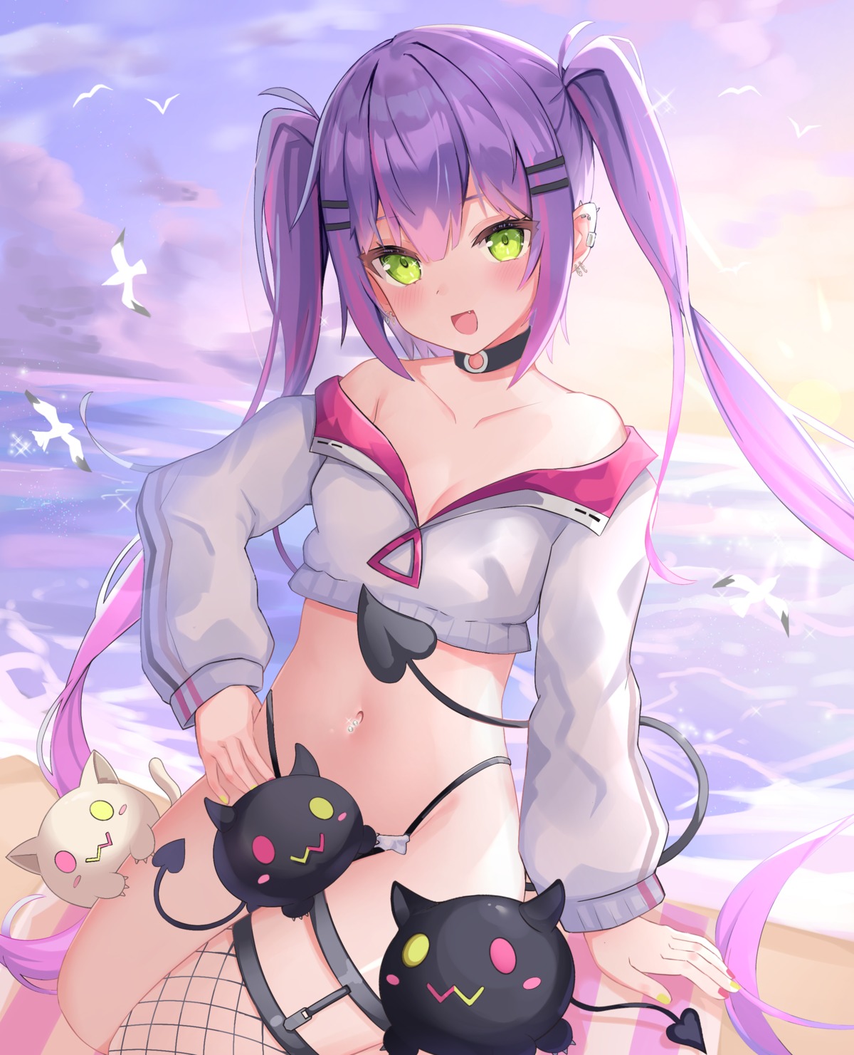 bikini, fishnets, hololive, nekopurin_(nyanko_prin), stockings, swimsuits, tail, thighhighs, tokoyami_towa