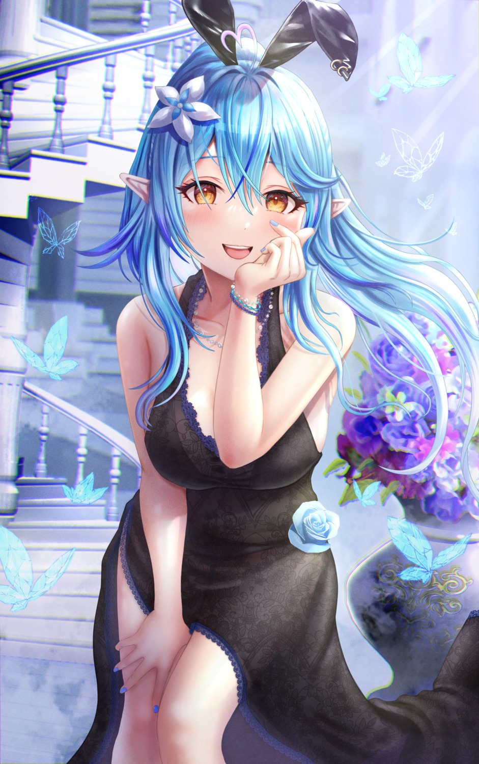 animal_ears, bunny_ears, dress, elf, hololive, pointy_ears, wajuniorbox, yukihana_lamy