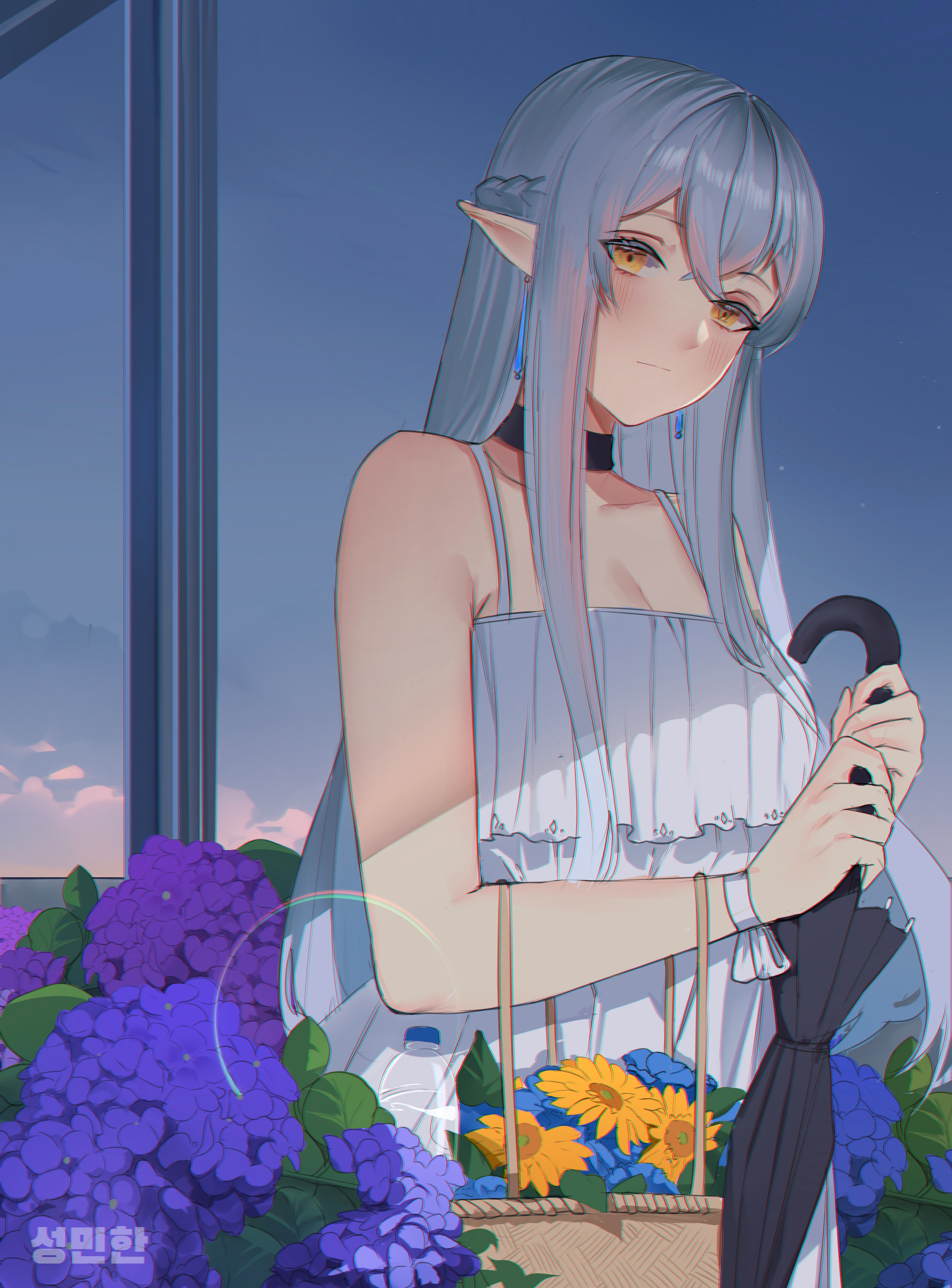 cleavage, dress, milephunter, pointy_ears, umbrella