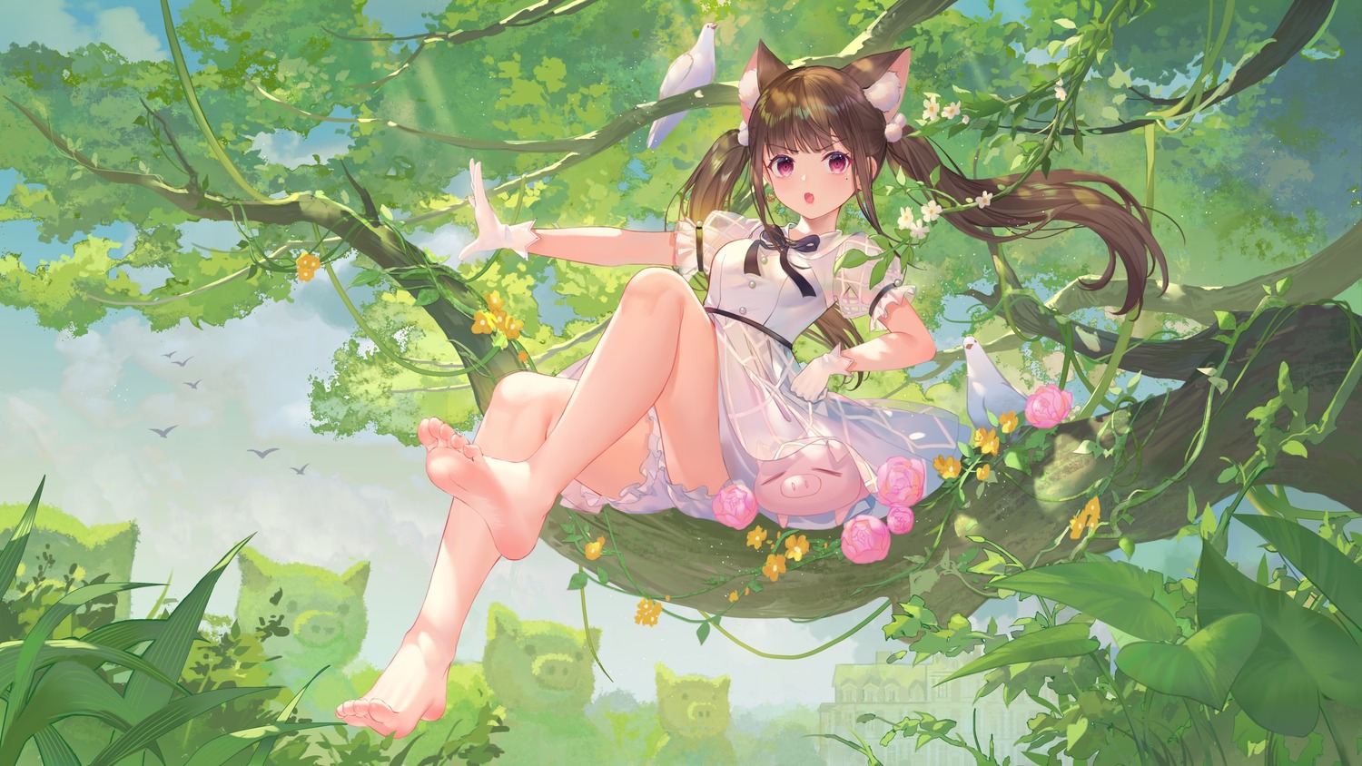 animal_ears, bloomers, criin, dress, feet, see_through, skirt_lift