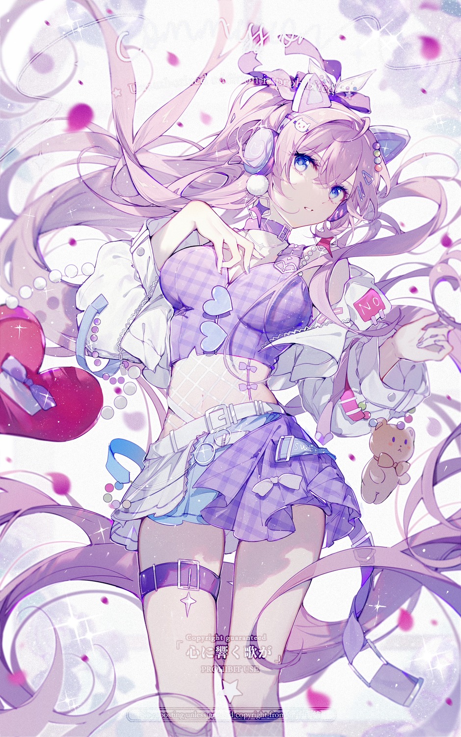 animal_ears, cleavage, fishnets, garter, headphones, qianqianjie, watermark