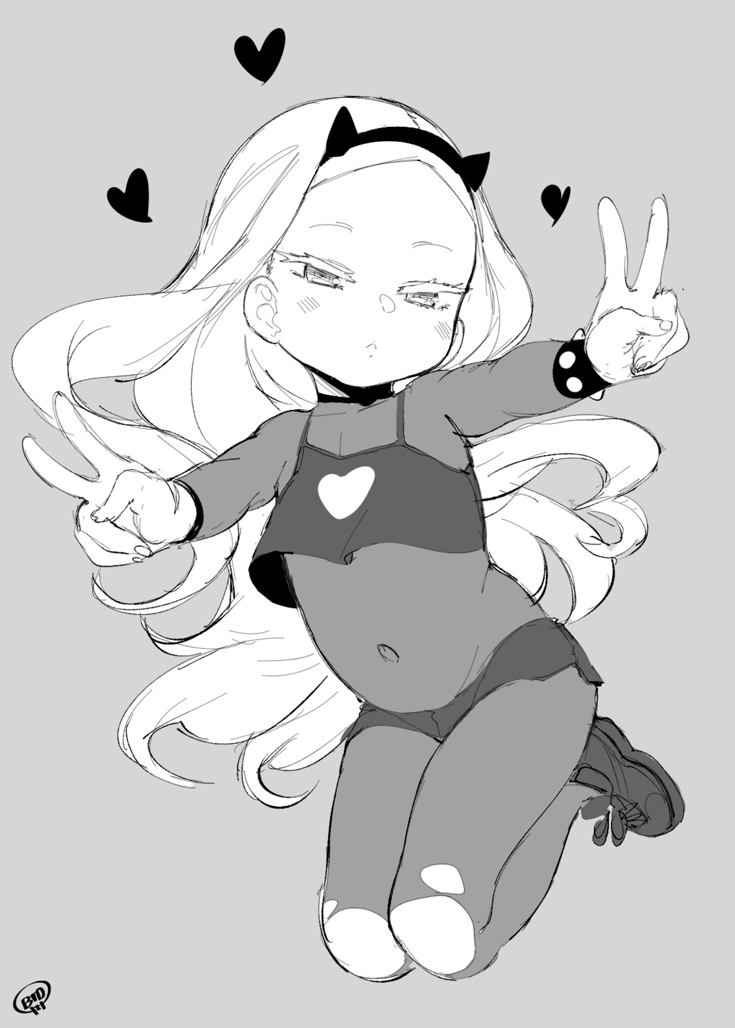 bodysuit, born-to-die, horns, monochrome, sketch, torn_clothes