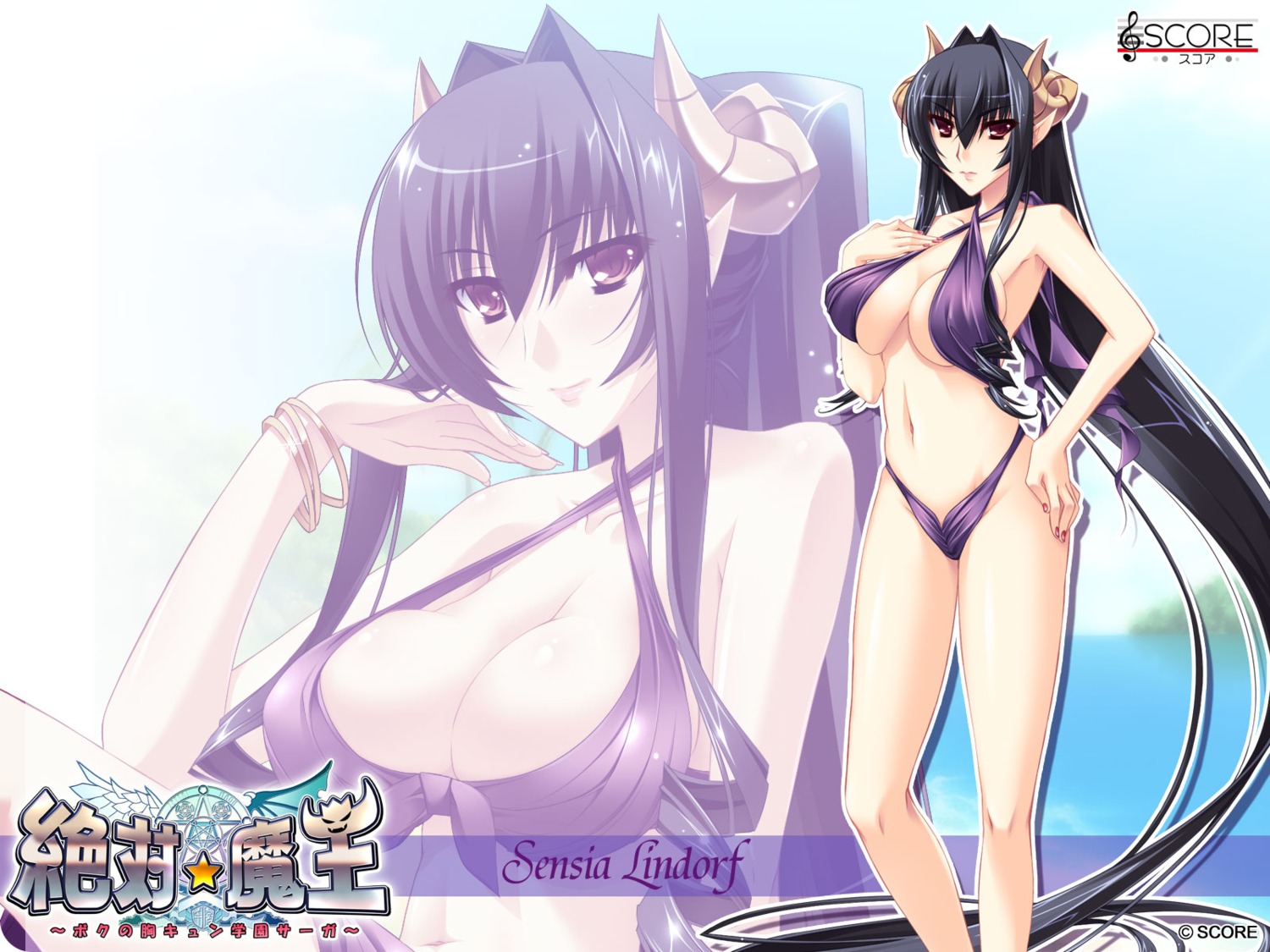 bikini, cleavage, horns, score, sensia_lindorf, swimsuits, wallpaper, zettai_maou