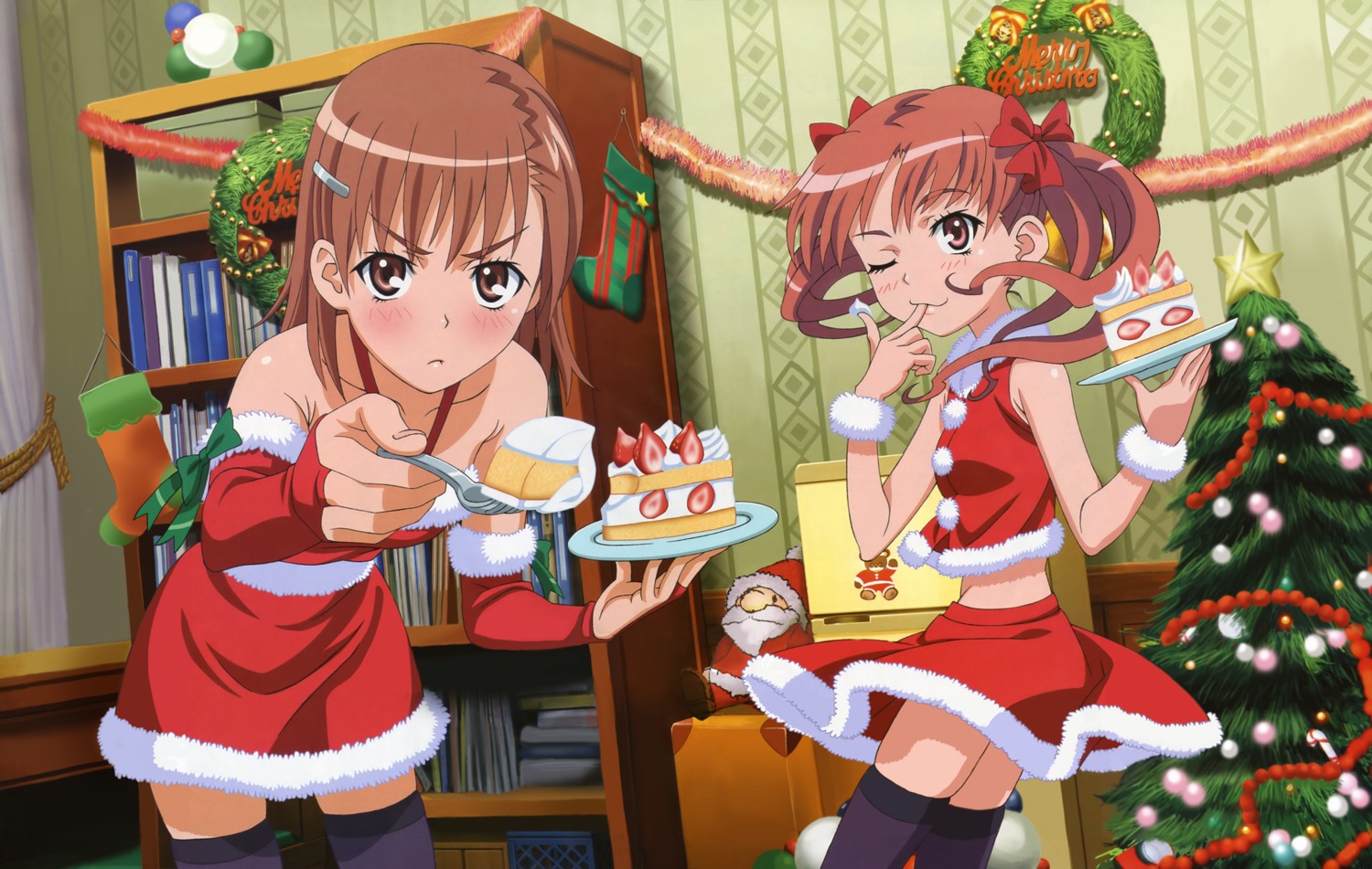 christmas, detexted, hara_shuuichi, misaka_mikoto, shirai_kuroko, thighhighs, toaru_kagaku_no_railgun, toaru_majutsu_no_index