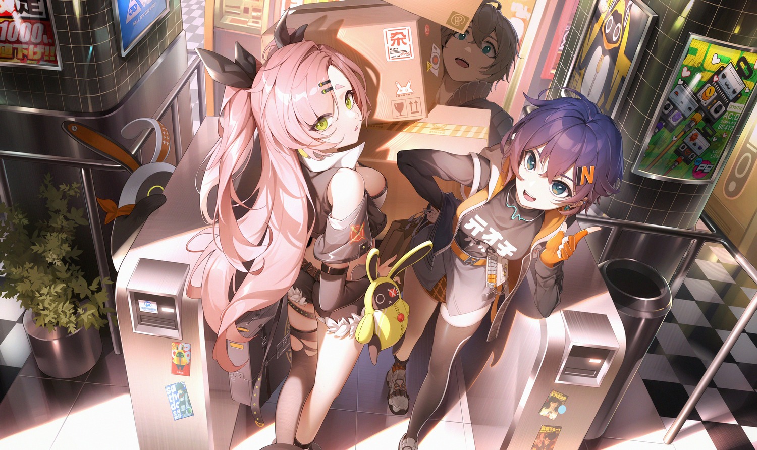 belle_(zenless_zone_zero), garter, nicole_demara, river_(river_ga), thighhighs, torn_clothes, wise_(zenless_zone_zero), zenless_zone_zero