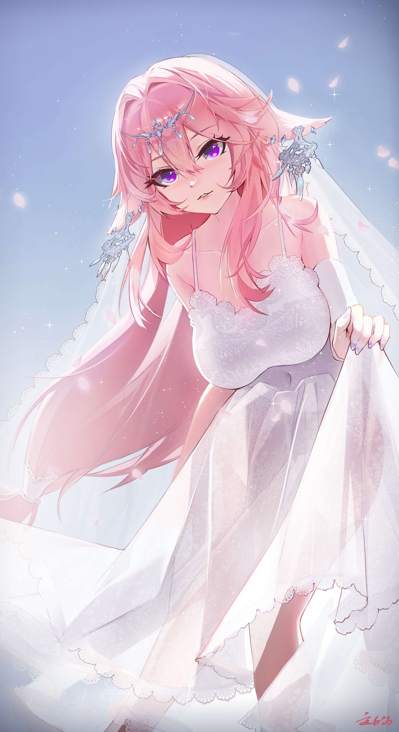 ai_dongdong, animal_ears, dress, genshin_impact, kitsune, see_through, wedding_dress, yae_miko