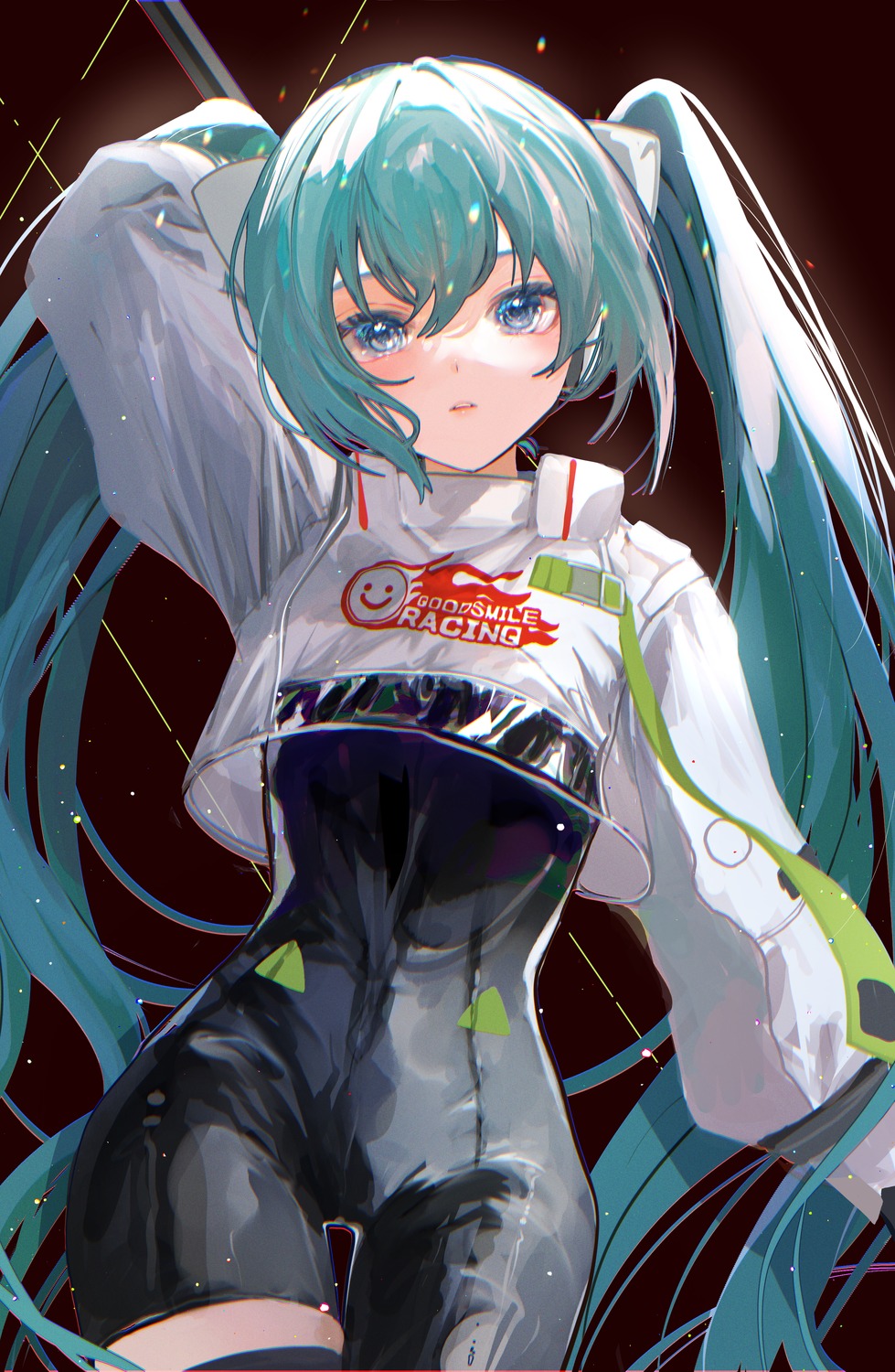 bodysuit, goodsmile_racing, hatsune_miku, headphones, kikinoki, racing_miku, thighhighs, vocaloid