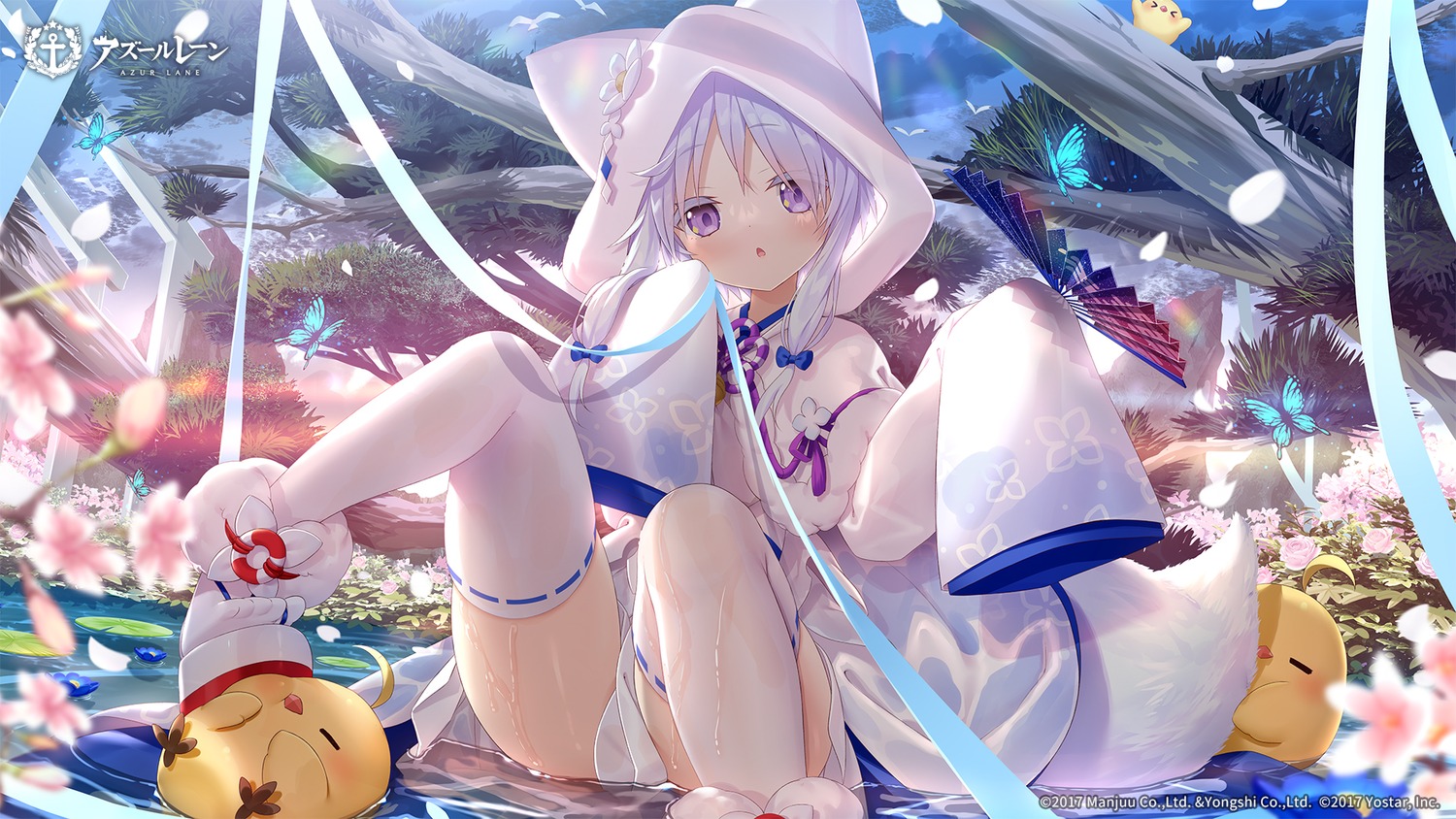 animal_ears, azur_lane, japanese_clothes, manjuu_(azur_lane), tail, thighhighs, uranami_(azur_lane), wallpaper, wet, wet_clothes, yano_mitsuki