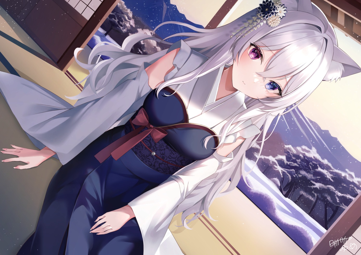 animal_ears, heterochromia, japanese_clothes, nekomimi, yumekoron