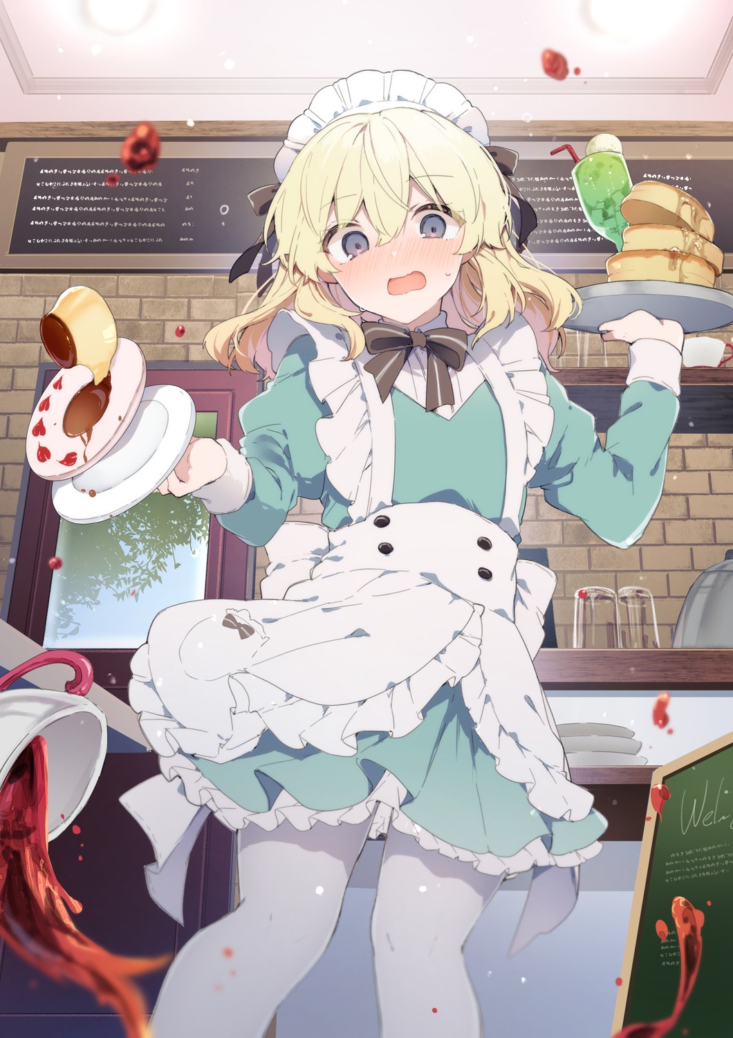 ikeuchi_tanuma, maid, pantyhose, skirt_lift, waitress