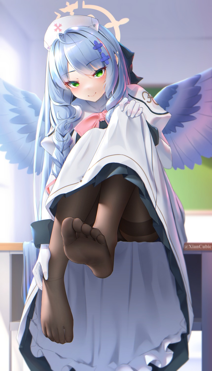 angel, aomori_mine, blue_archive, feet, nurse, pantyhose, skirt_lift, tagme, wings