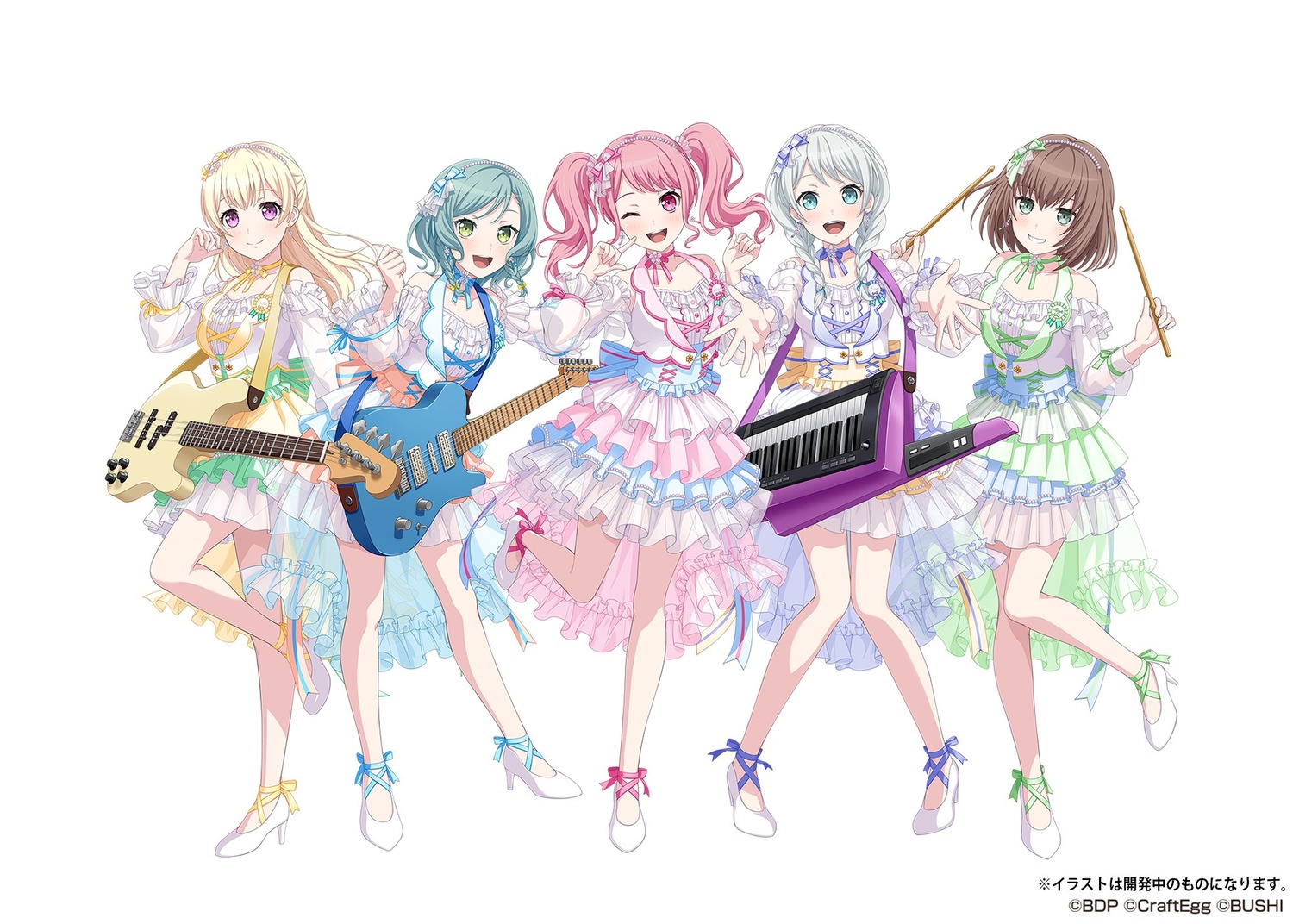 bang_dream!, guitar, heels, hikawa_hina, maruyama_aya, see_through, shirasagi_chisato, uniform