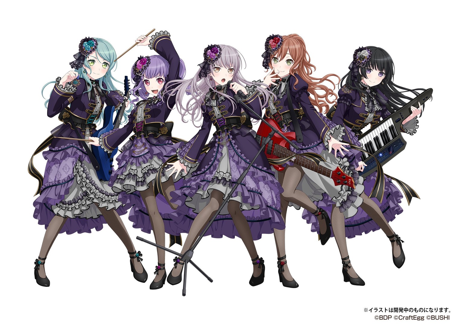bang_dream!, bang_dream!_episode_of_roselia, fishnets, guitar, heels, hikawa_sayo, imai_lisa, minato_yukina