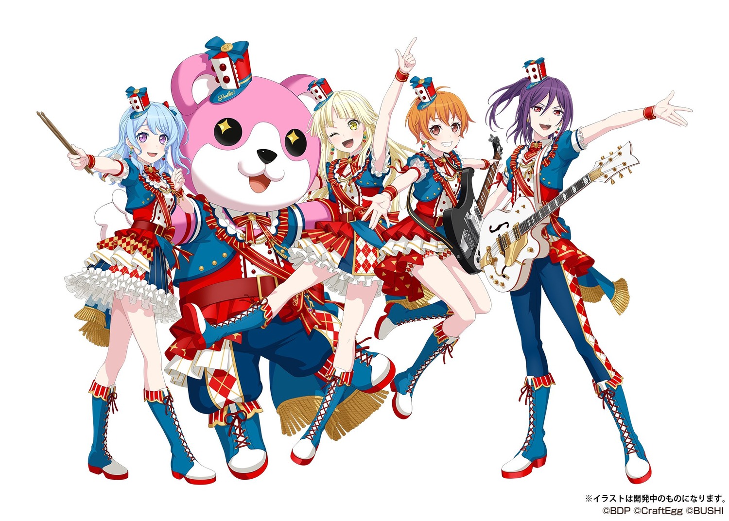 bang_dream!, guitar, kitazawa_hagumi, matsubara_kanon, michelle_(bang_dream!), seta_kaoru, tsurumaki_kokoro, uniform