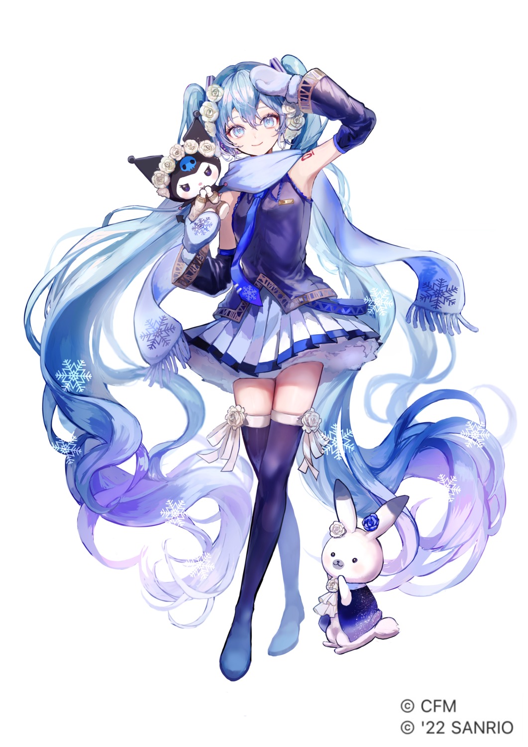 crossover, hatsune_miku, kuromi_(sanrio), pipi_(hana_no_orchestra), rabbit_yukine, sanrio, tattoo, thighhighs