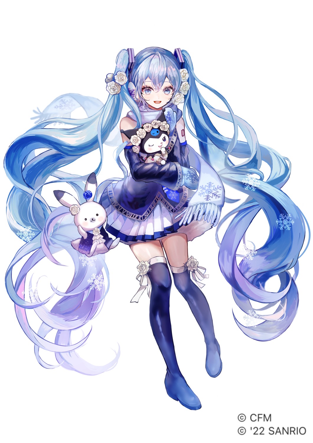 crossover, hatsune_miku, kuromi_(sanrio), pipi_(hana_no_orchestra), rabbit_yukine, sanrio, tattoo, thighhighs