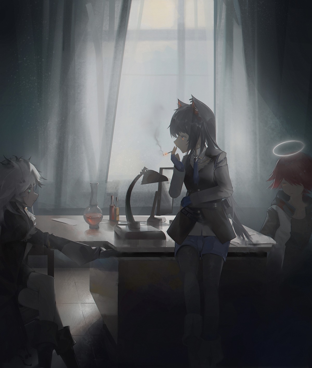 angel, animal_ears, arknights, boboyo, exusiai_(arknights), lappland_(arknights), nekomimi, pantyhose