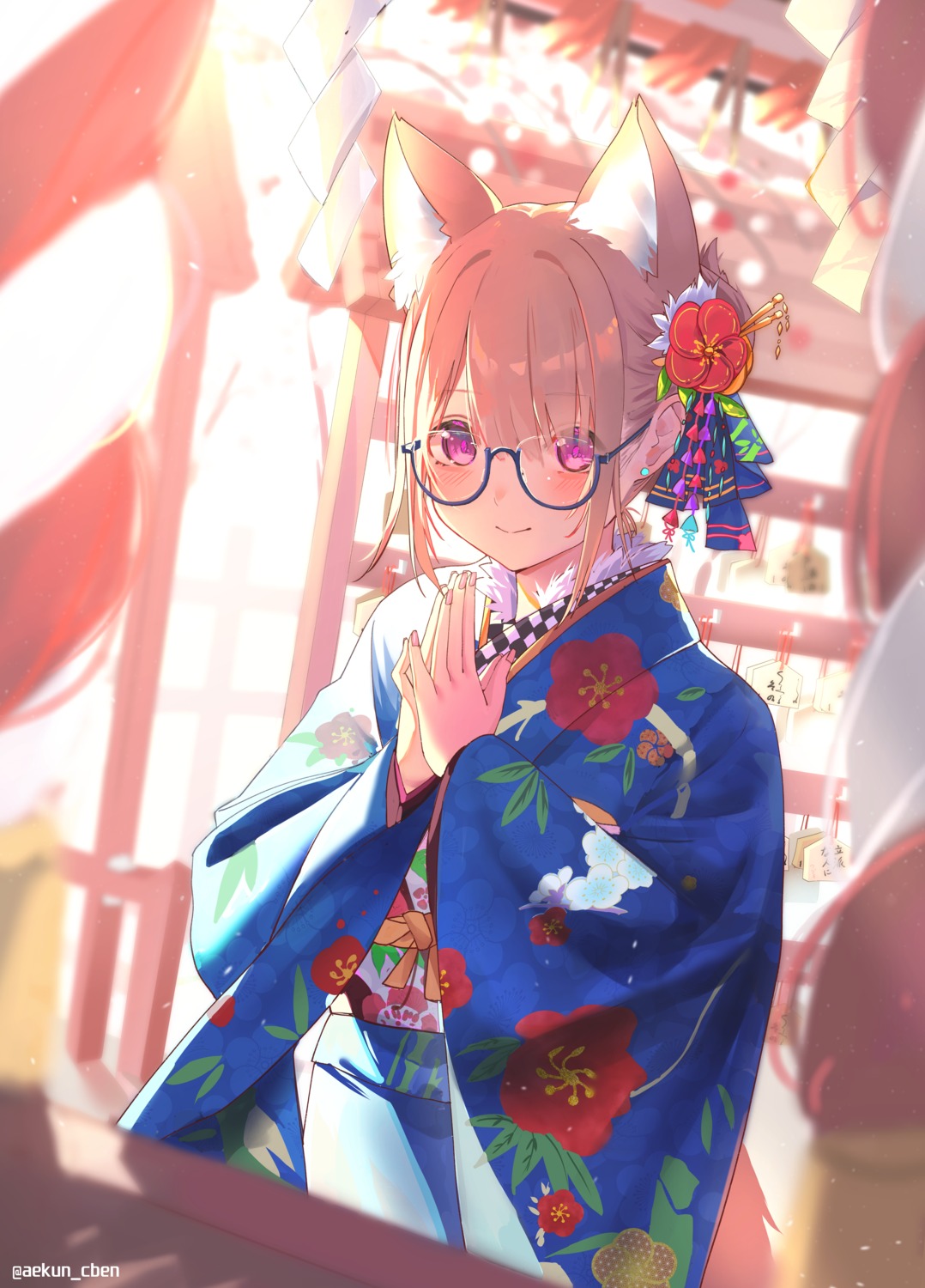 aekun_cben, animal_ears, japanese_clothes, kitsune, megane