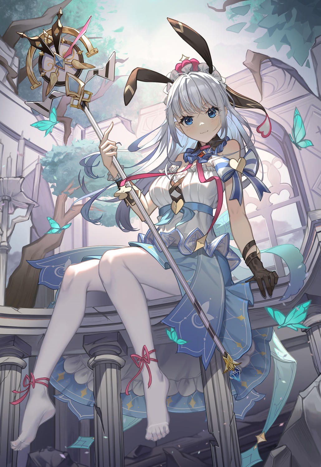 al_guang, animal_ears, bunny_ears, dress, feet, pantyhose, skirt_lift, weapon