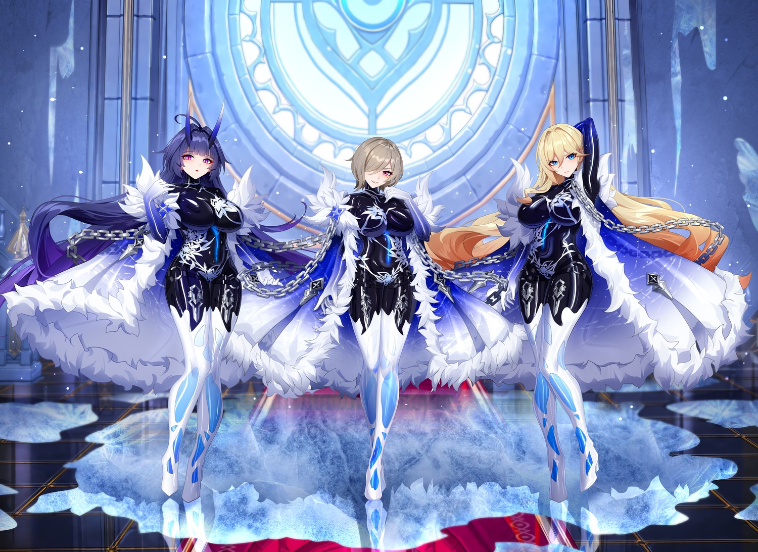 benghuai_xueyuan, bianka_durandal_ataegina, bodysuit, heels, horns, raiden_mei, rita_rossweisse, wu_ganlan_cai