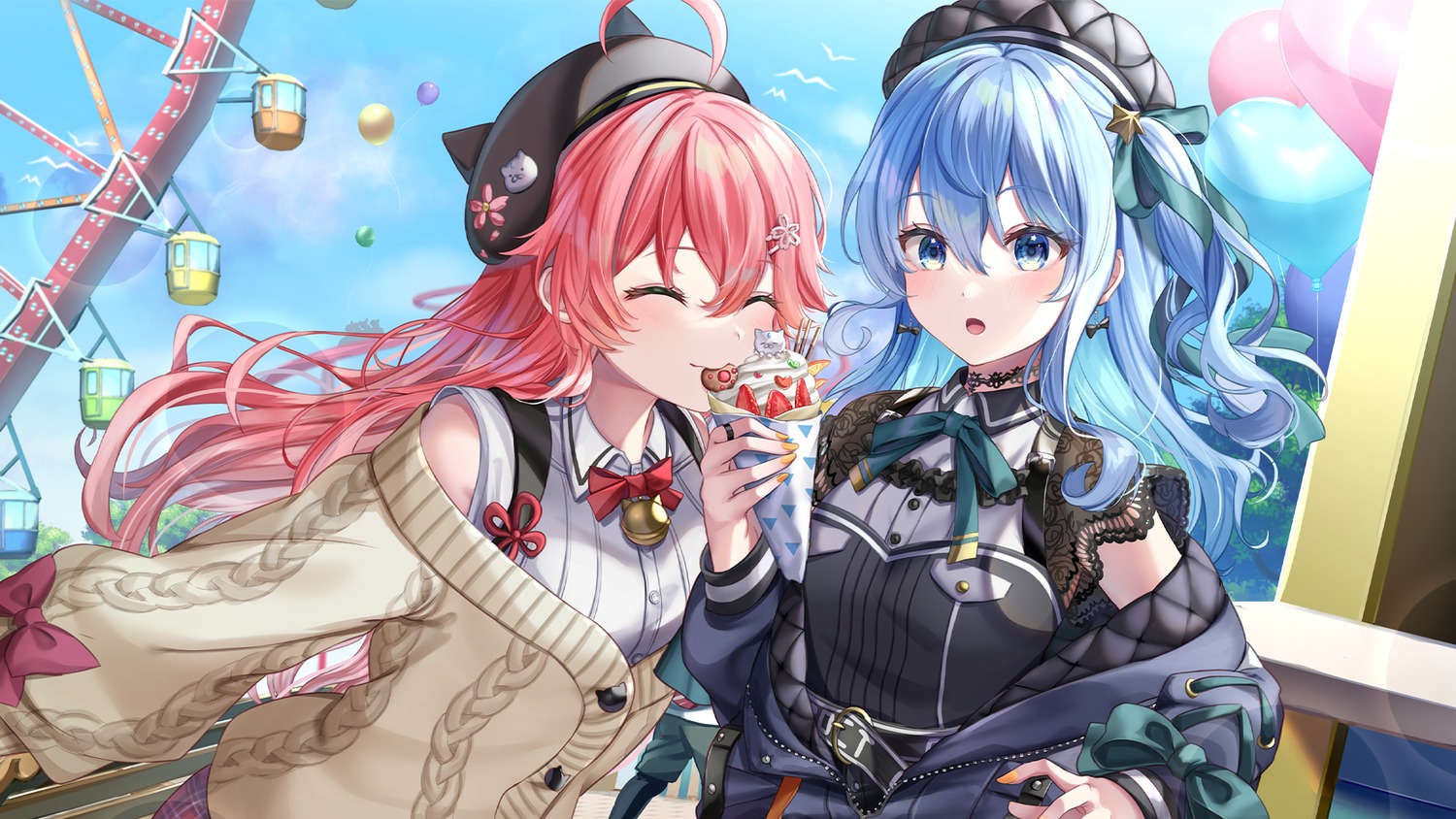 gakuon_(gakuto), hololive, hoshimachi_suisei, sakura_miko, sweater, wallpaper, yuri