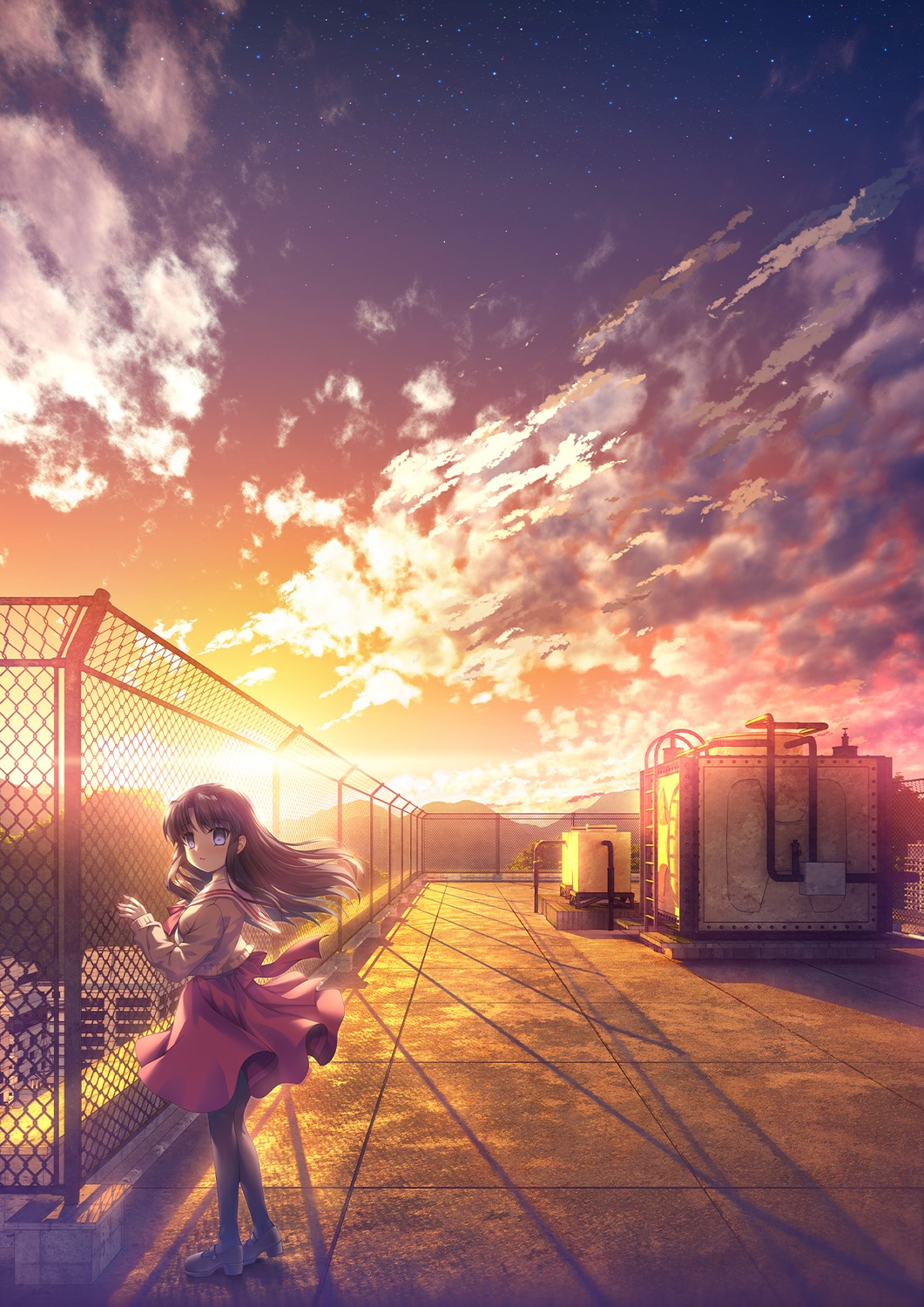 hinoue_itaru, landscape, novamicus, one., pantyhose, seifuku, sweater